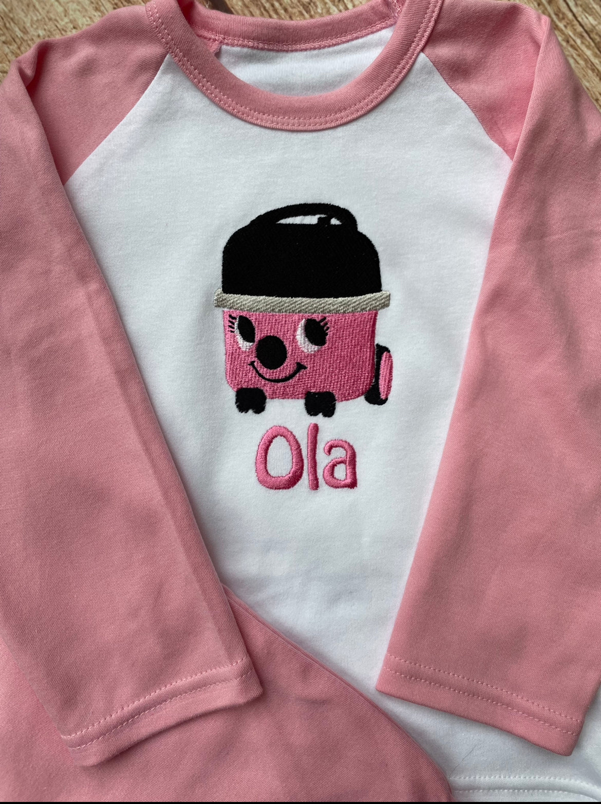 Personalised Pyjamas, embroidered with name & pink hoover design. Gift, keepsake, high quality, soft, PJ's