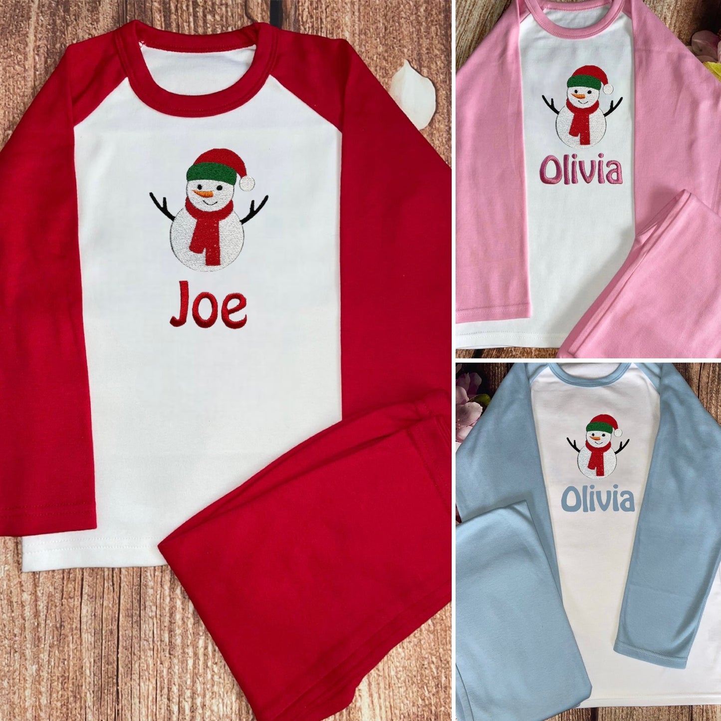 Snowman Christmas pyjamas, embroidered & personalised with name. Matching, keepsake, high quality, soft, PJ's