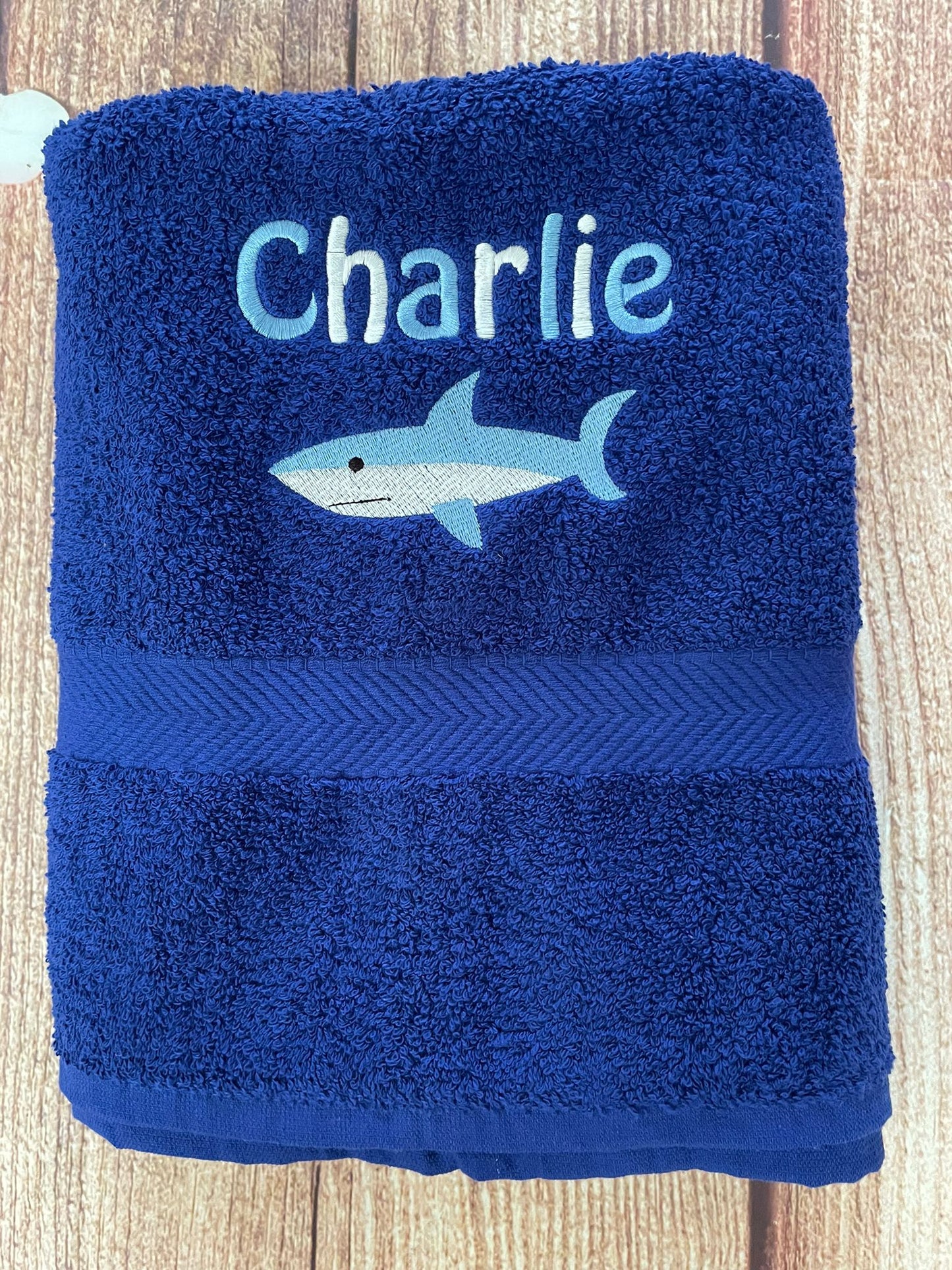 Personalised embroidered swimming or sports towel. Ideal gift // shark