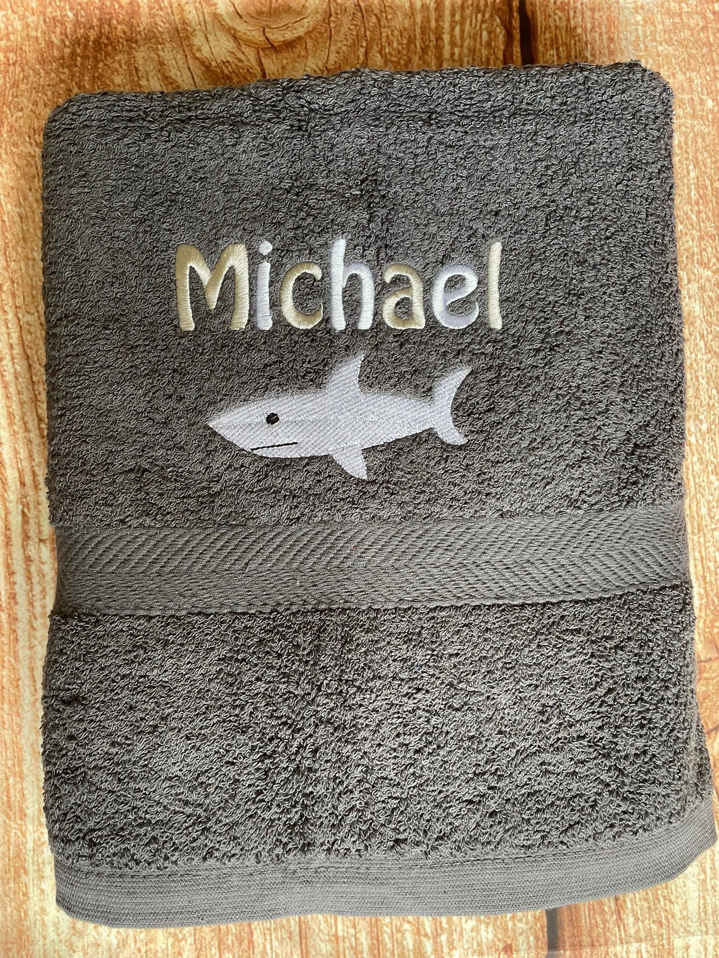 Personalised embroidered swimming or sports towel. Ideal gift // shark