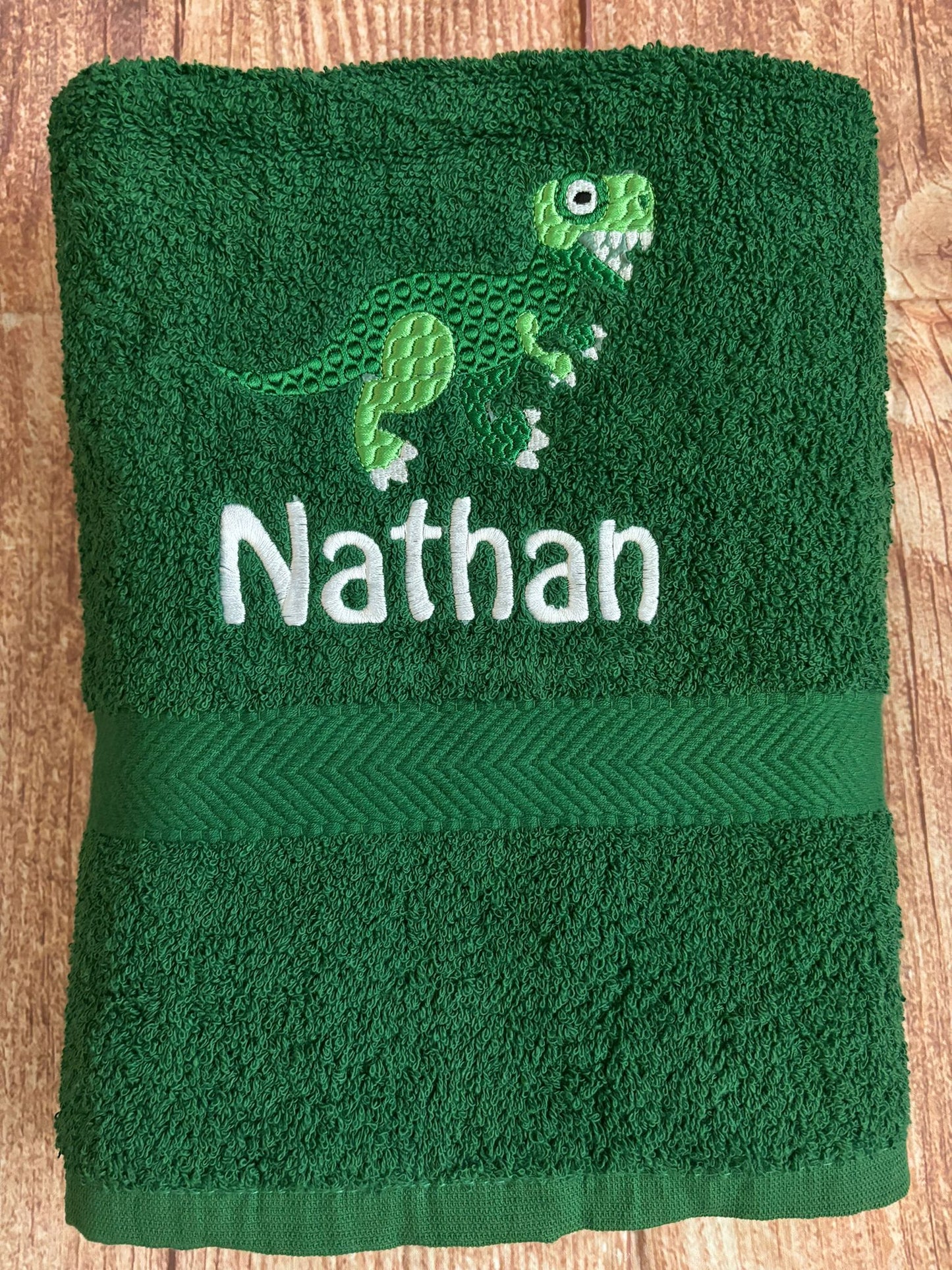 Embroidered personalised swimming or sports towel. Ideal gift // Dinosaur