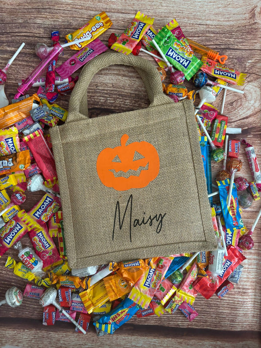 SPECIAL OFFER! Halloween trick or treat bags personalised with name. Hessian tote jute bag.