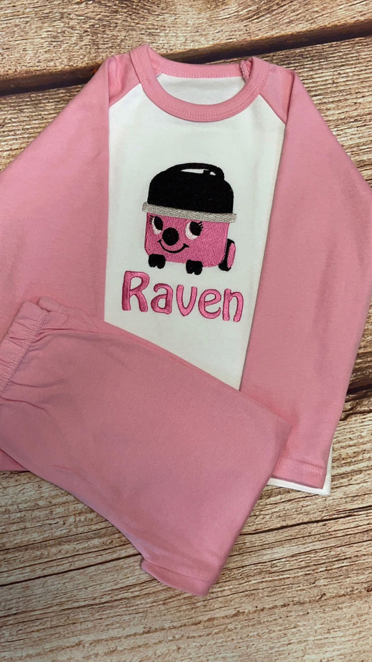 Personalised Pyjamas, embroidered with name & pink hoover design. Gift, keepsake, high quality, soft, PJ's