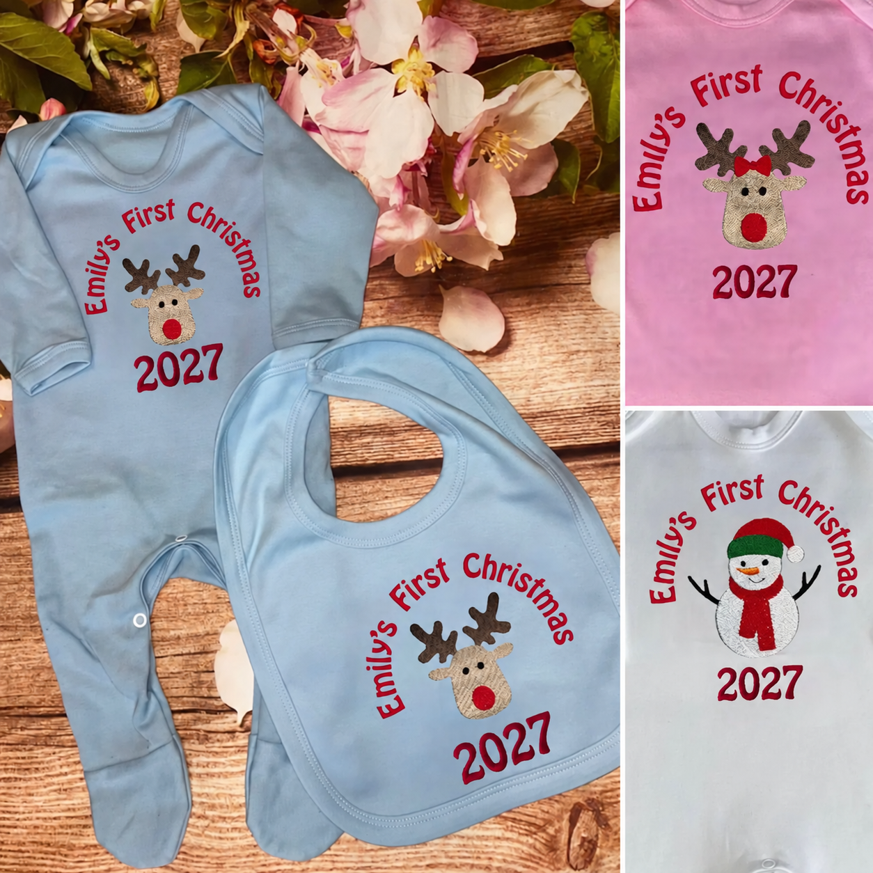 First Christmas bib / baby grow sleepsuit, embroidered & personalised with name. Choice of designs. Keepsake gift
