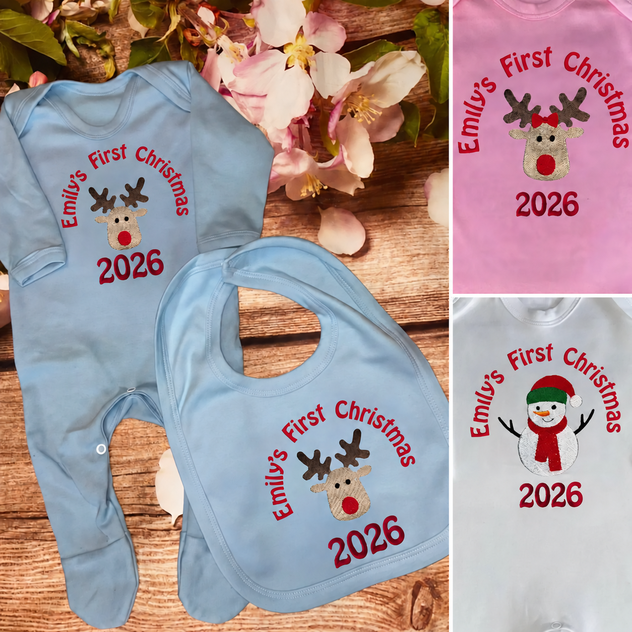 First Christmas bib / baby grow sleepsuit, embroidered & personalised with name. Choice of designs. Keepsake gift