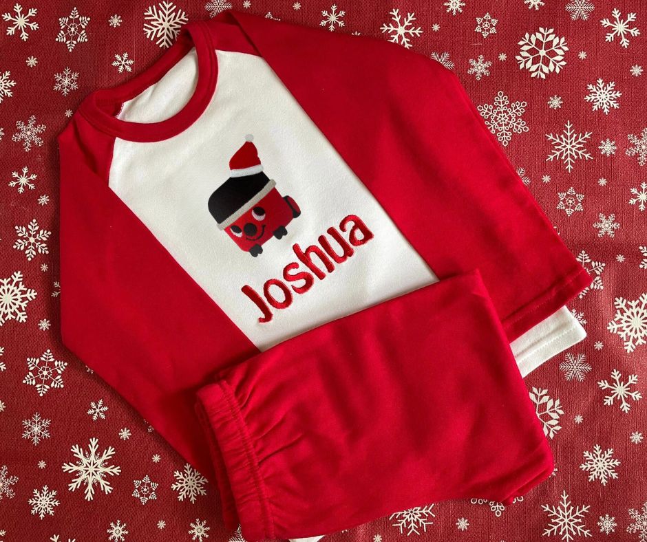 NEW! Christmas Henry Personalised Pyjamas. Embroidered with name & red hoover design.