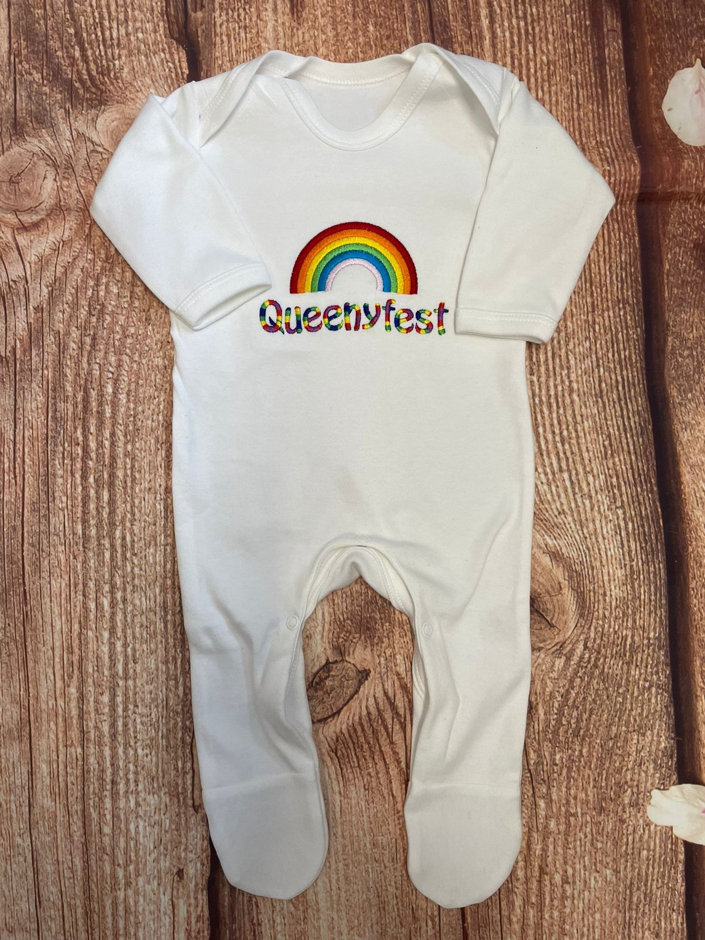 Rainbow baby onesie, embroidered & personalised with name. Choice of colours. Gift, keepsake