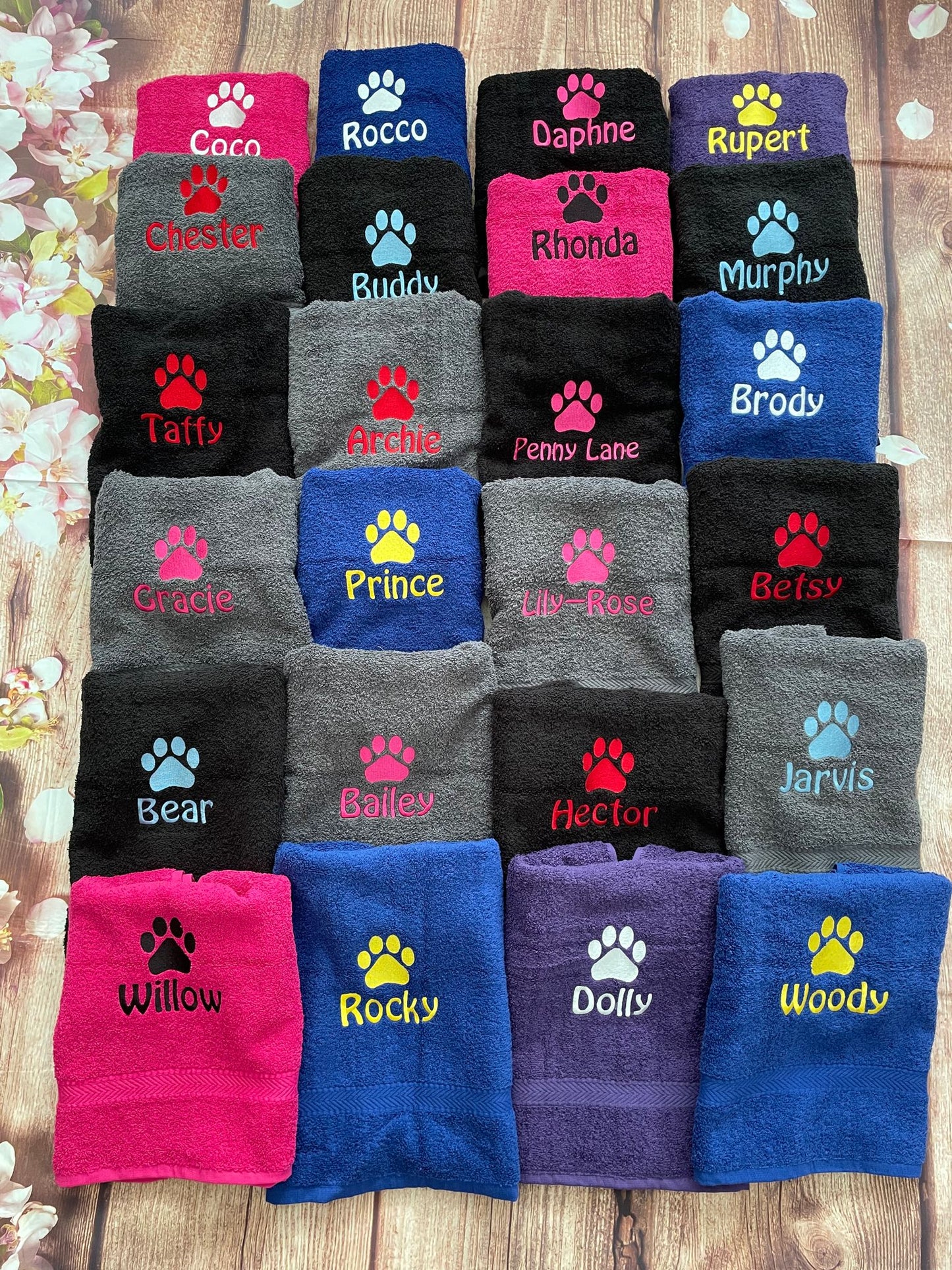 Dog towel, personalised with embroidered paw print and pet name. Ideal gift.