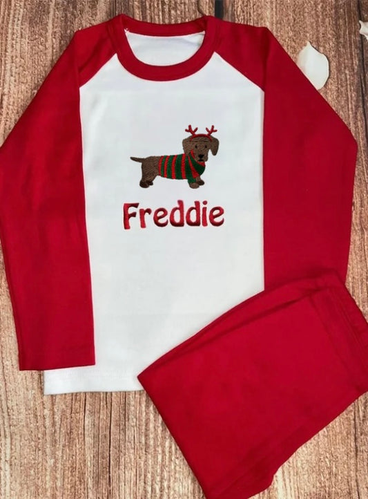 NEW! Dachshund Christmas pyjamas, embroidered & personalised with name.