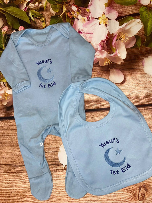 Embroidered Personalised 1st First Eid / Bib / sleepsuit / babygrow / pyjamas