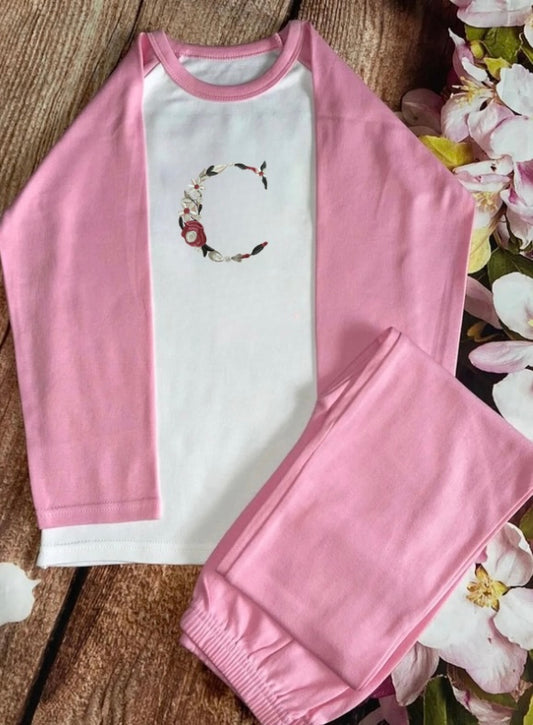 Personalised Pyjamas or onesies - Embroidered with floral initial. Gift for girls