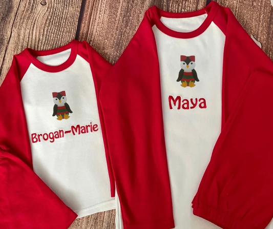 NEW! Penguin Christmas pyjamas, embroidered & personalised with name.