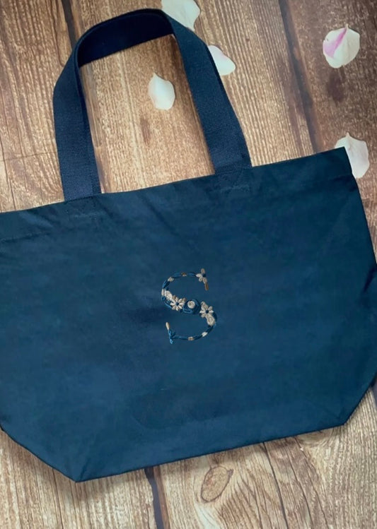 Personalised canvas tote bag, embroidered with floral initial