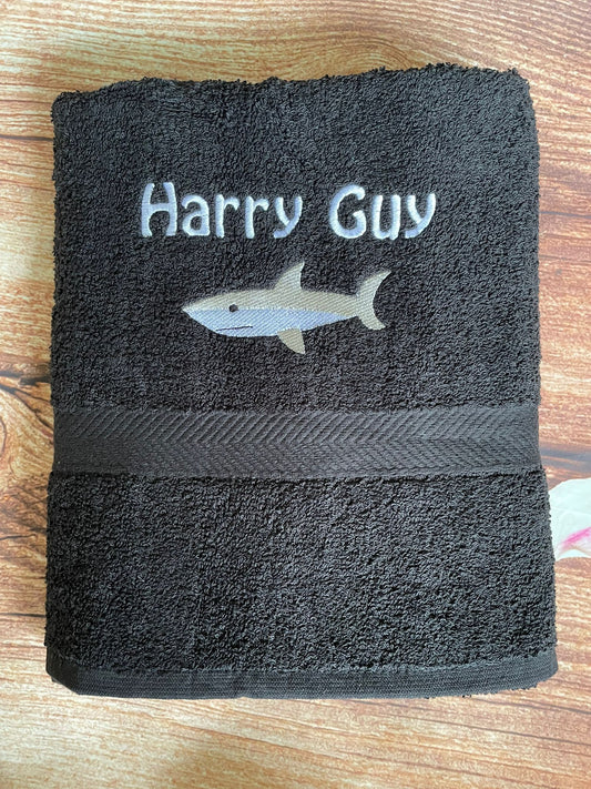 Personalised embroidered swimming or sports towel. Ideal gift // shark
