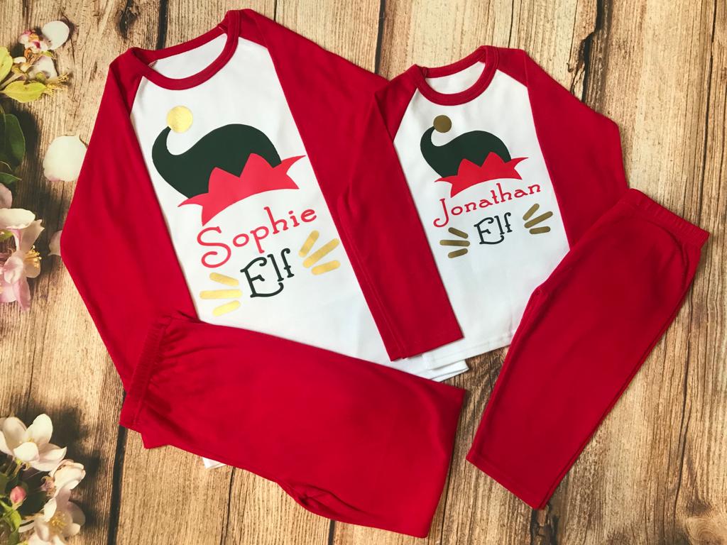 Elf Christmas pyjamas personalised with name. Matching, Gift, keepsake, high quality, soft, PJ's