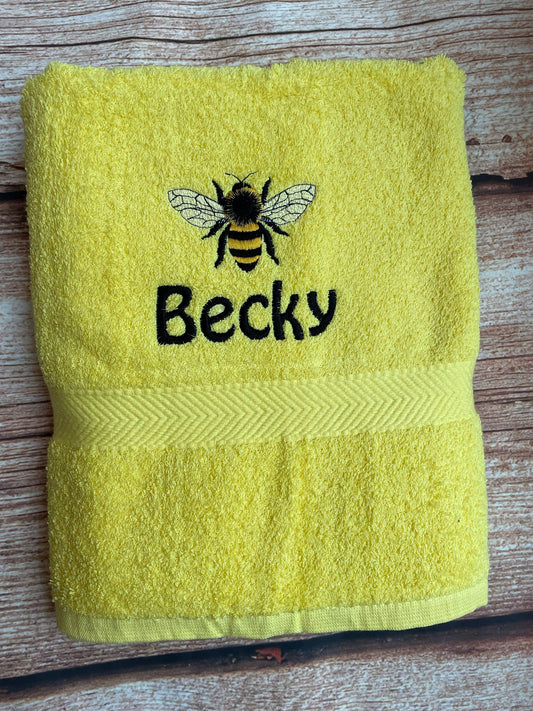 Embroidered personalised swimming or sports towel. Ideal gift // bee