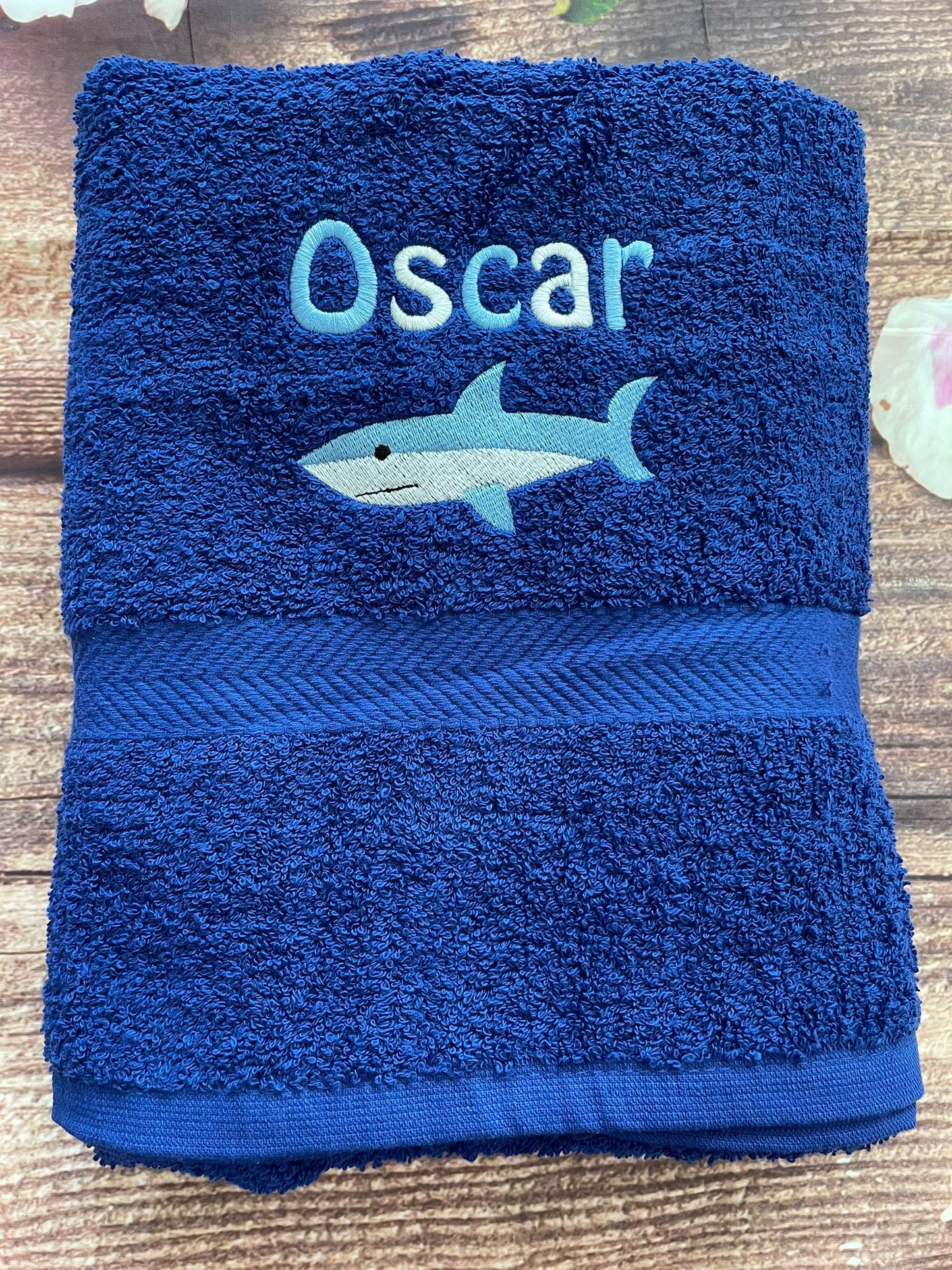 Personalised embroidered swimming or sports towel. Ideal gift // shark