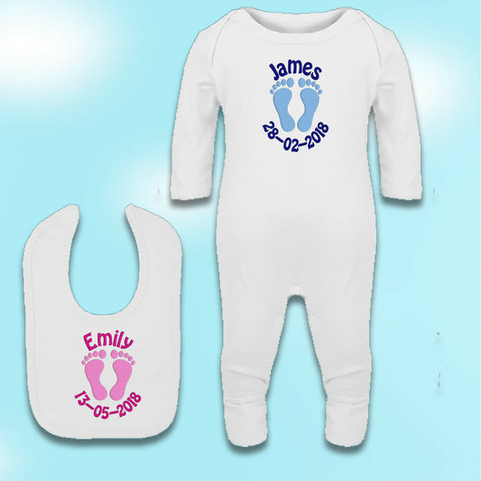 Embroidered Personalised Sleepsuit / Babygrow / Bib - Footprint