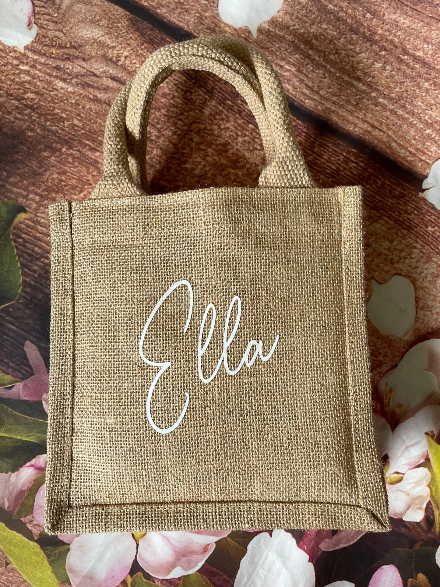 Hessian tote jute bag, personalised with name. Ideal gift