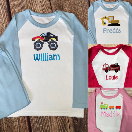 Personalised Pyjamas, embroidered with name & choice of transport design. Gift, keepsake, high quality, soft, PJ's