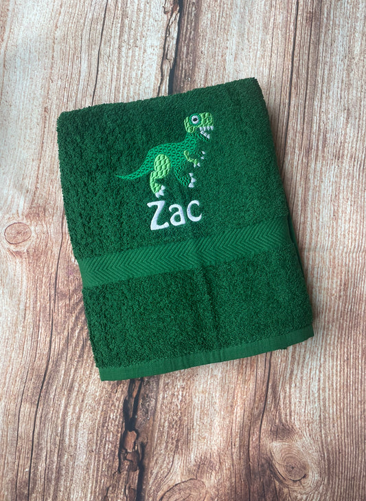 Embroidered personalised swimming or sports towel. Ideal gift // Dinosaur