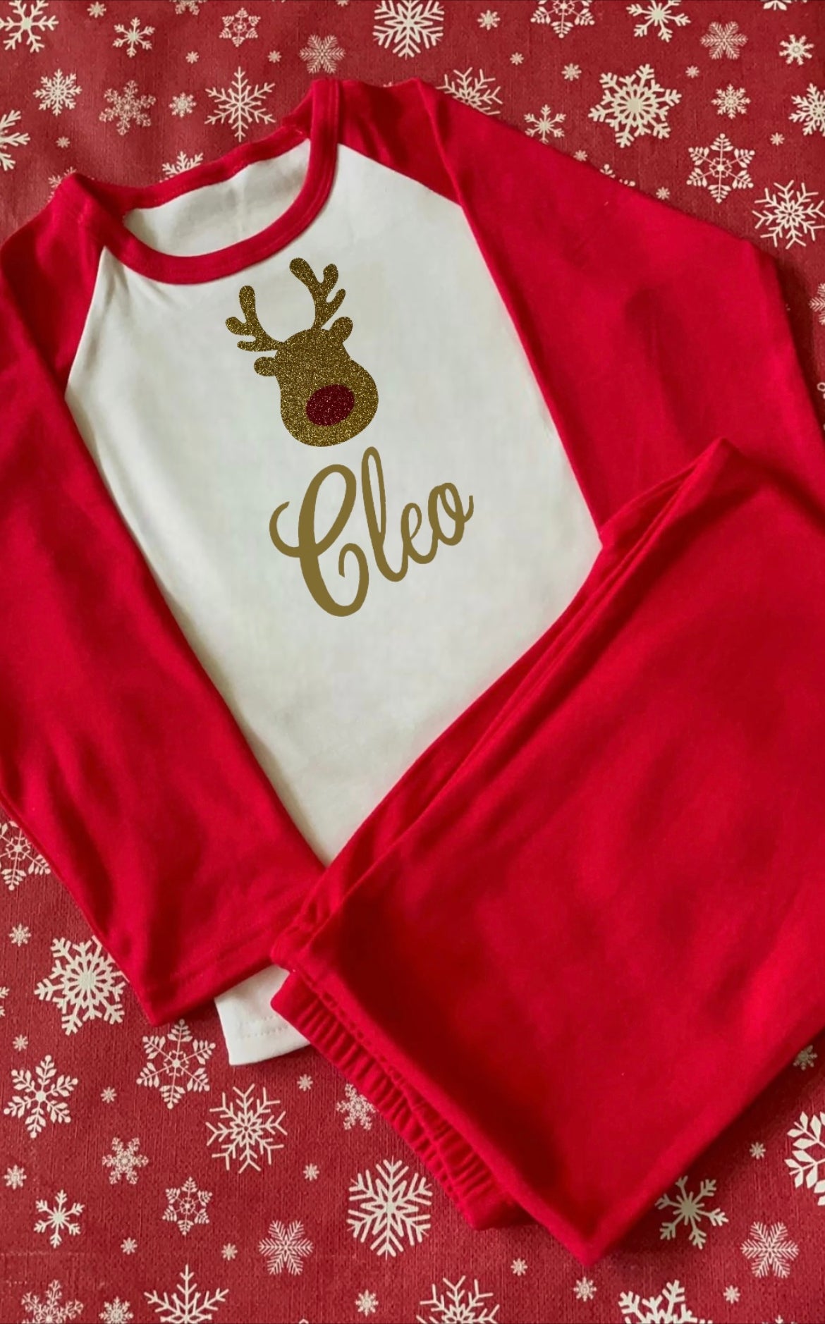 Rudolf Christmas pyjamas personalised with sparkly name. Matching, Gift, keepsake, high quality, soft, PJ's