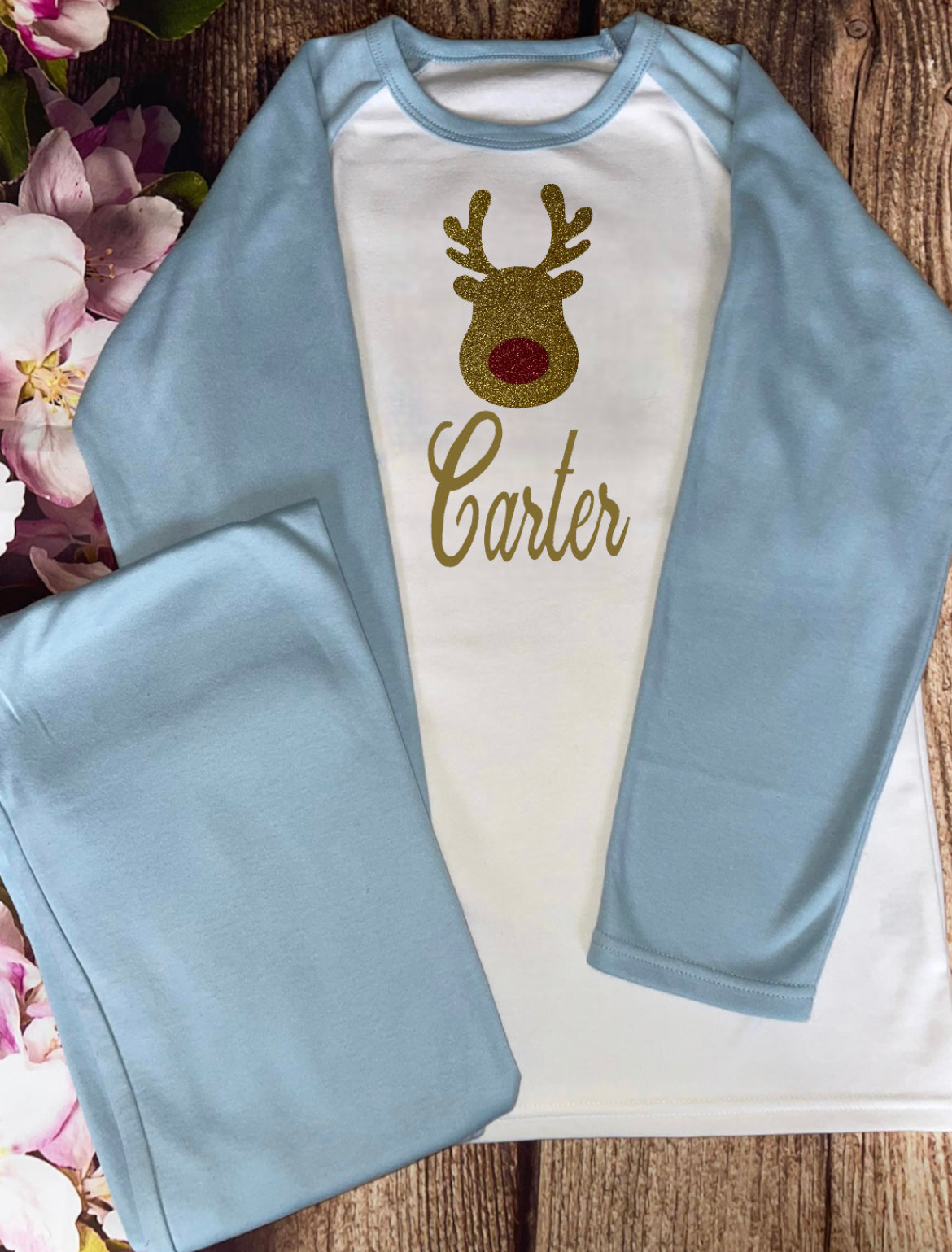 Rudolf Christmas pyjamas personalised with sparkly name. Matching, Gift, keepsake, high quality, soft, PJ's