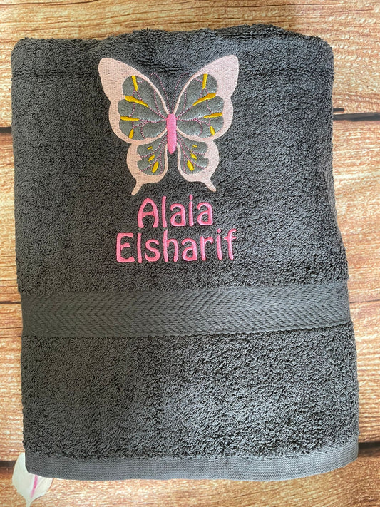 Embroidered personalised swimming or sports towel. Ideal gift // butterfly
