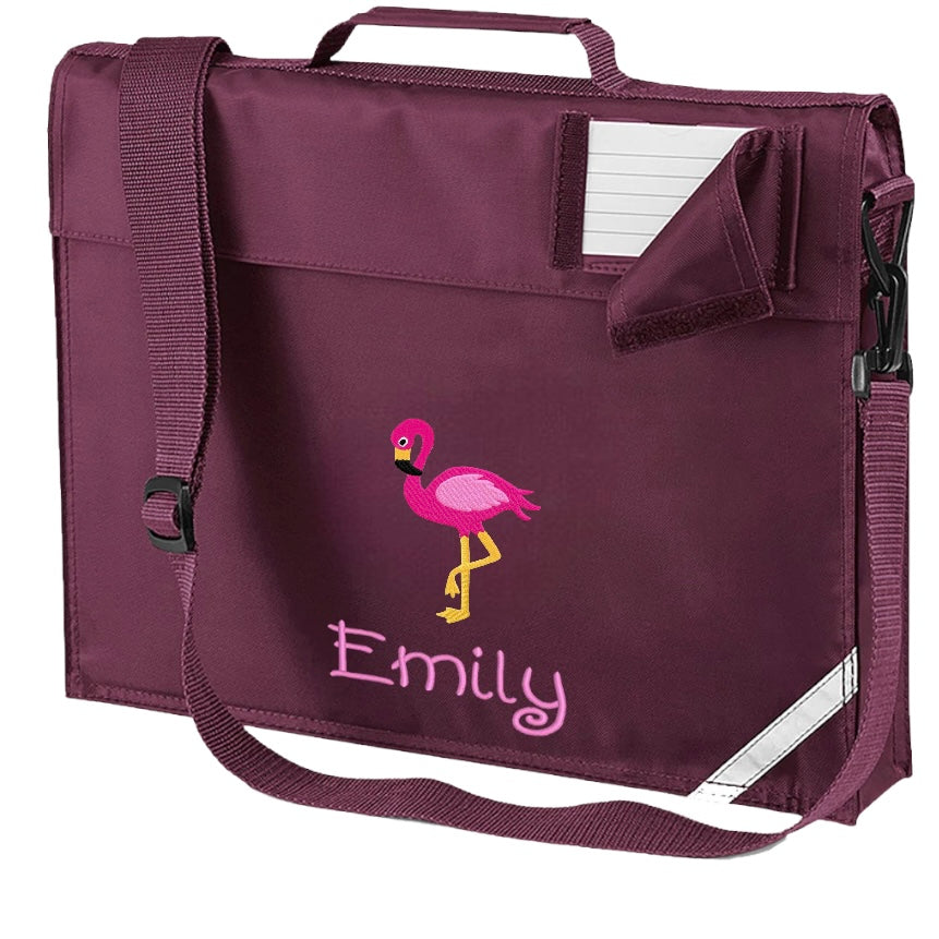 Embroidered Bookbag with strap - Flamingo