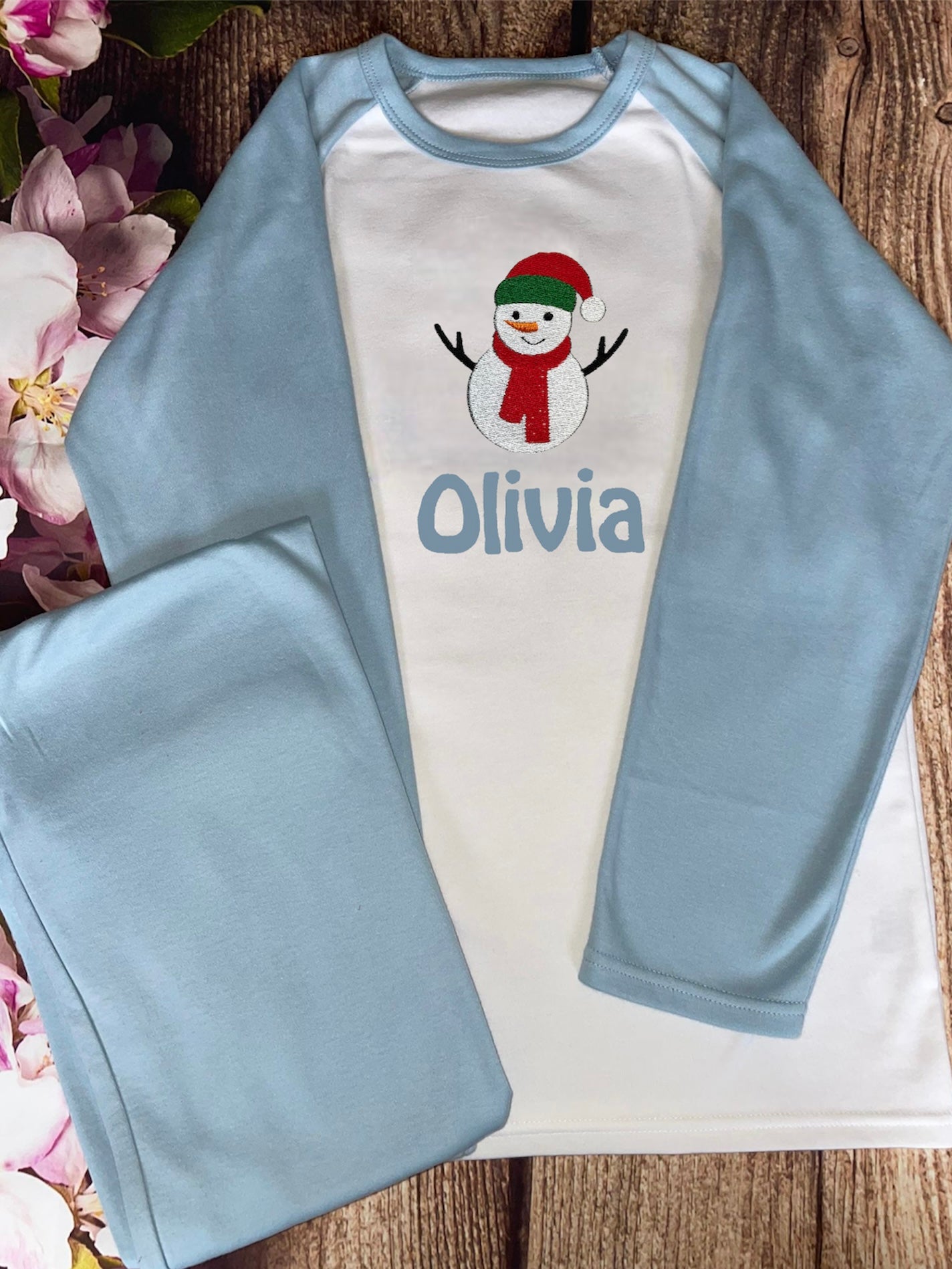 Snowman Christmas pyjamas, embroidered & personalised with name. Matching, keepsake, high quality, soft, PJ's