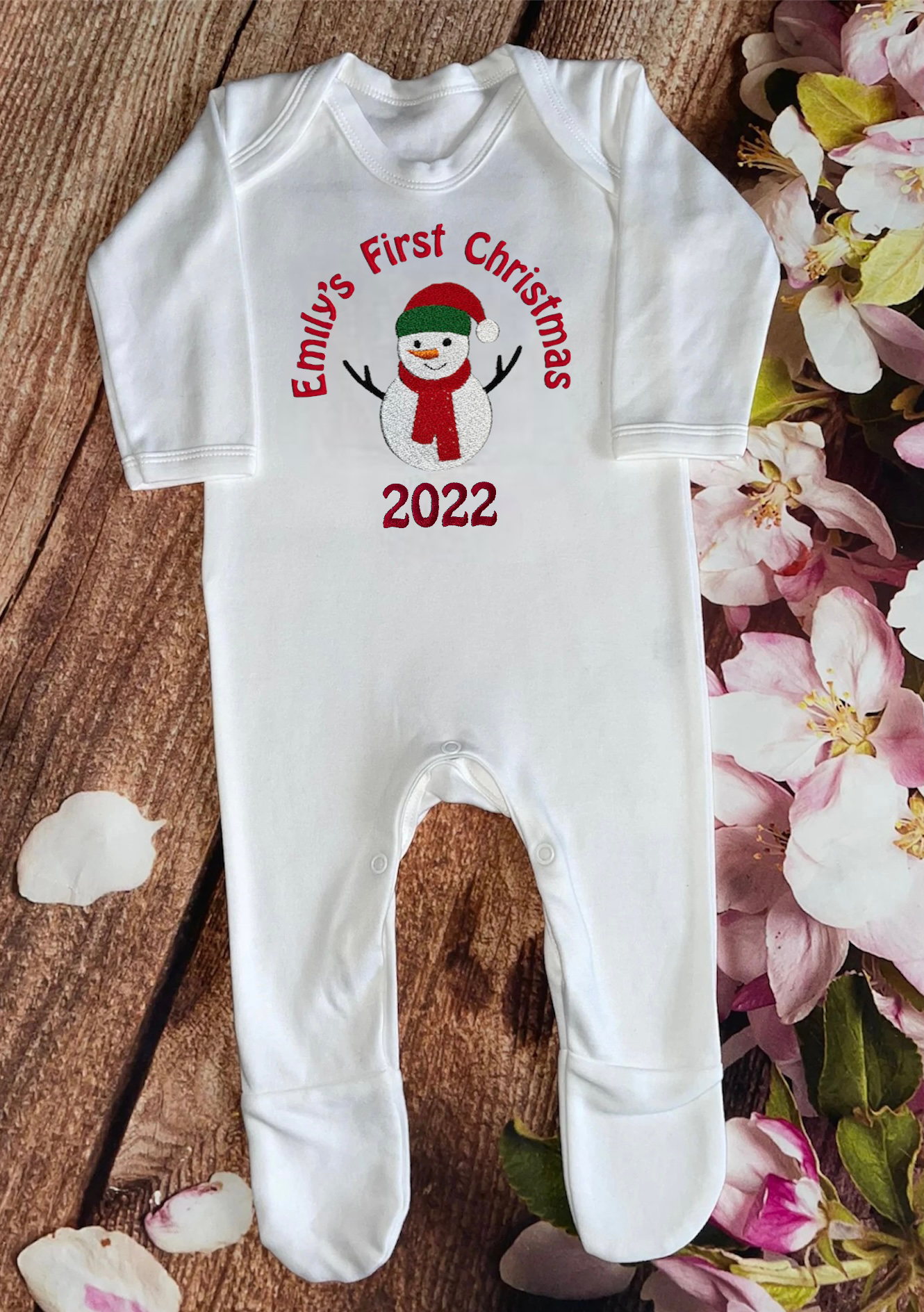 First Christmas bib / baby grow sleepsuit, embroidered & personalised with name. Choice of designs. Keepsake gift