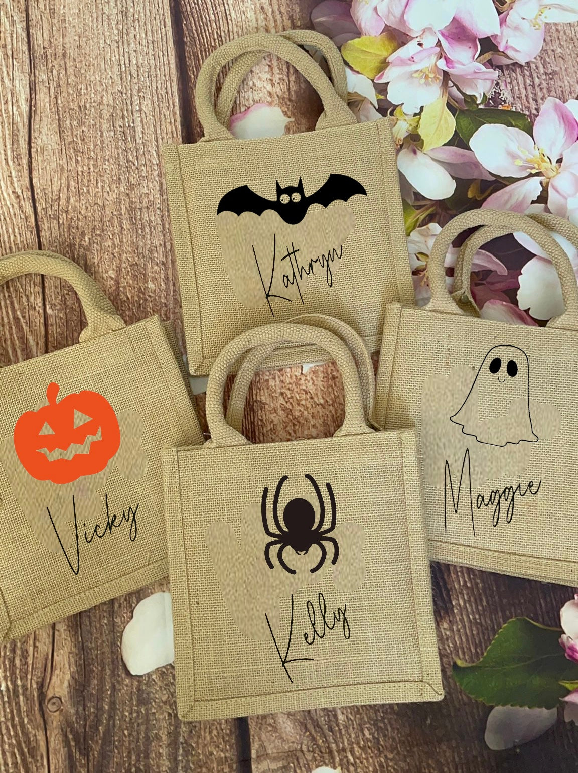Halloween trick or treat bags personalised with name. Hessian tote jute bag.