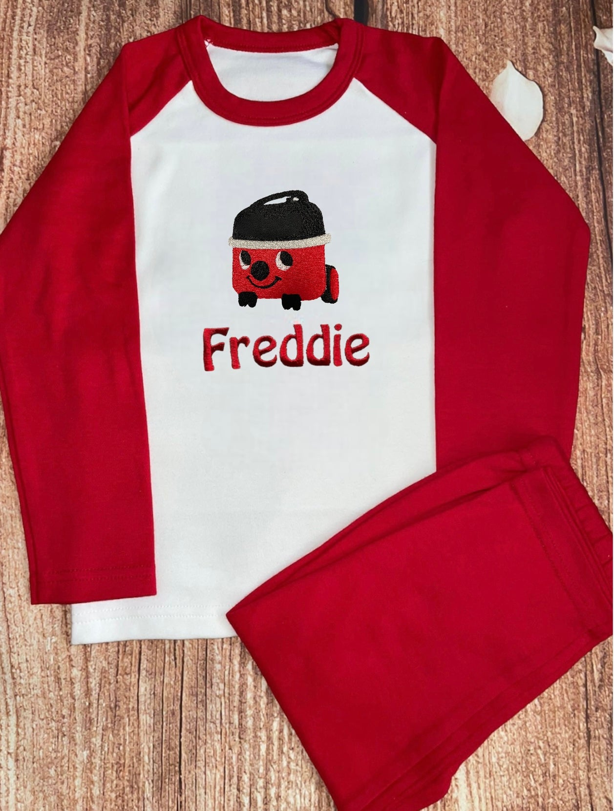 Personalised Pyjamas, embroidered with name & red hoover design. Gift, keepsake, high quality, soft, PJ's