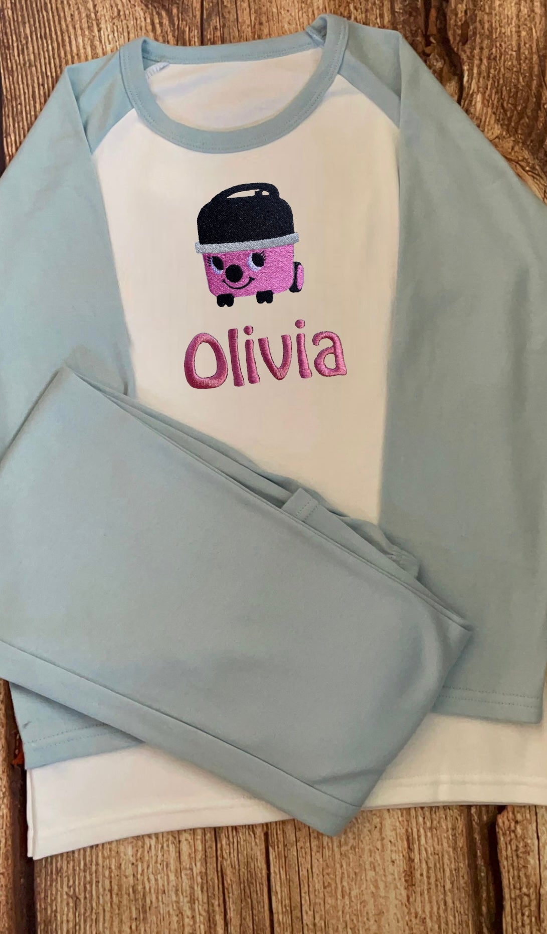 Personalised Pyjamas, embroidered with name & pink hoover design. Gift, keepsake, high quality, soft, PJ's