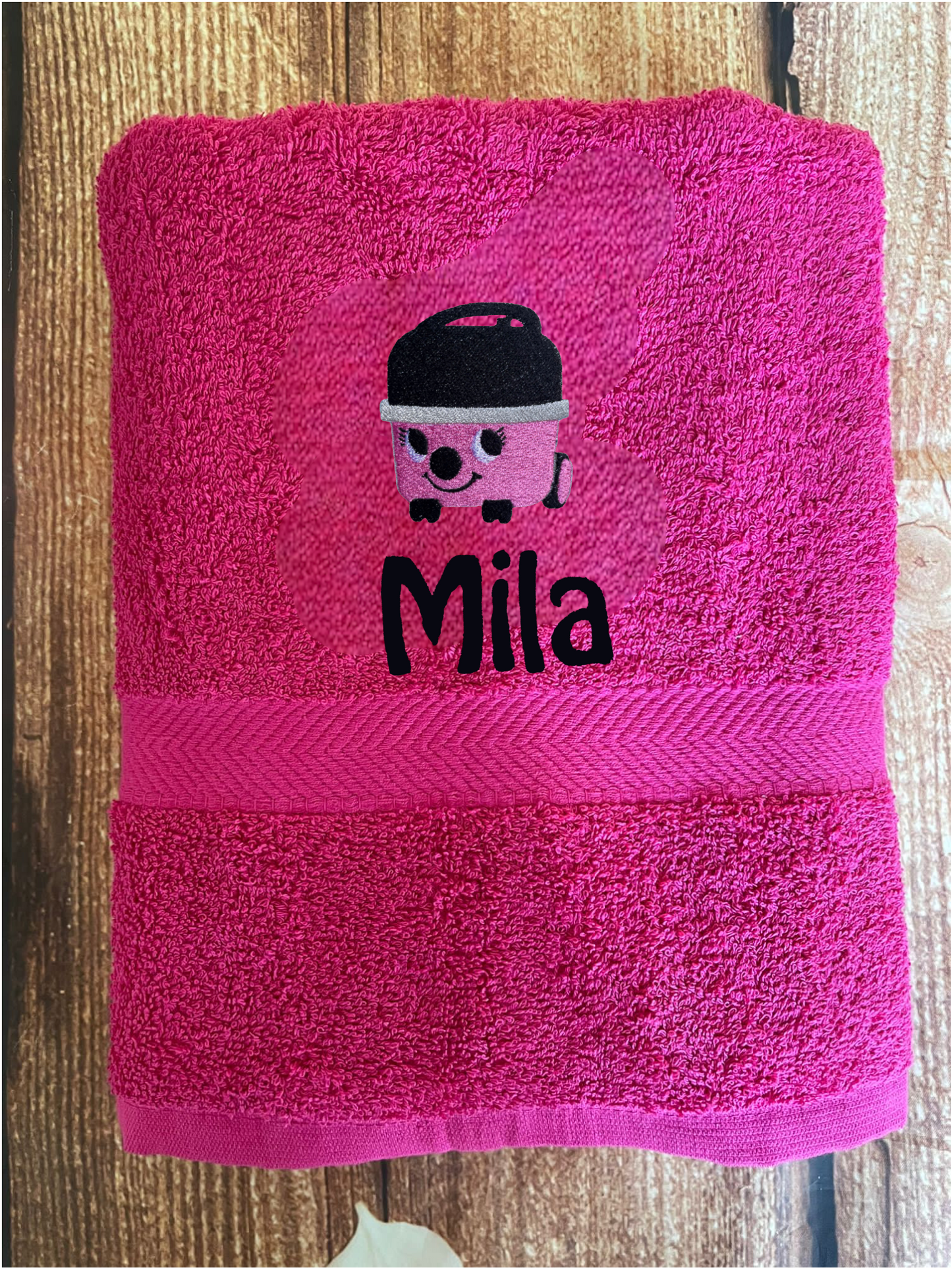 Embroidered personalised swimming or sports towel. Ideal gift // Pink hoover
