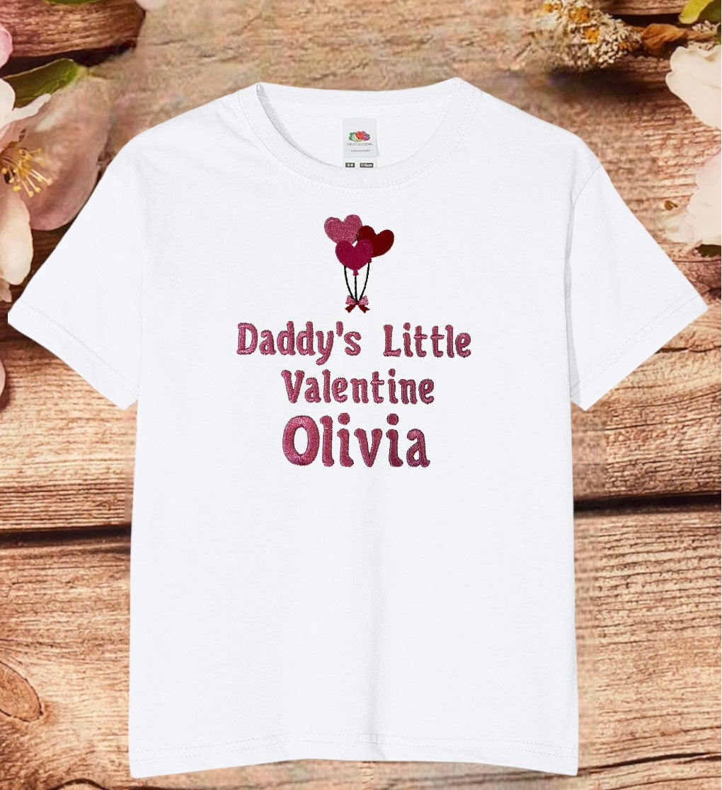 'Mummy's / Daddy's Little Valentine' embroidered t-shirt. Personalised with child's name.