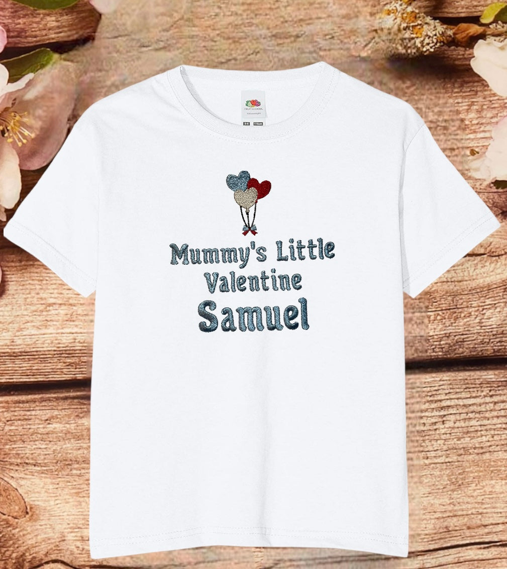 'Mummy's / Daddy's Little Valentine' embroidered t-shirt. Personalised with child's name.
