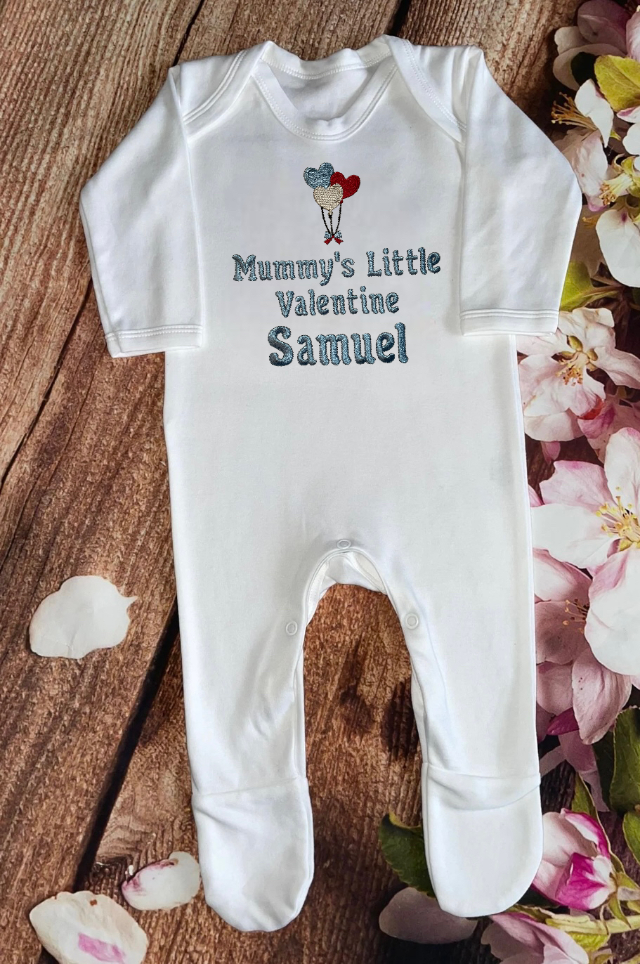 'Mummy's / Daddy's little valentine' pyjamas & sleep suits , embroidered & personalised with name. Matching, Gift, keepsake, high quality, soft, PJ's