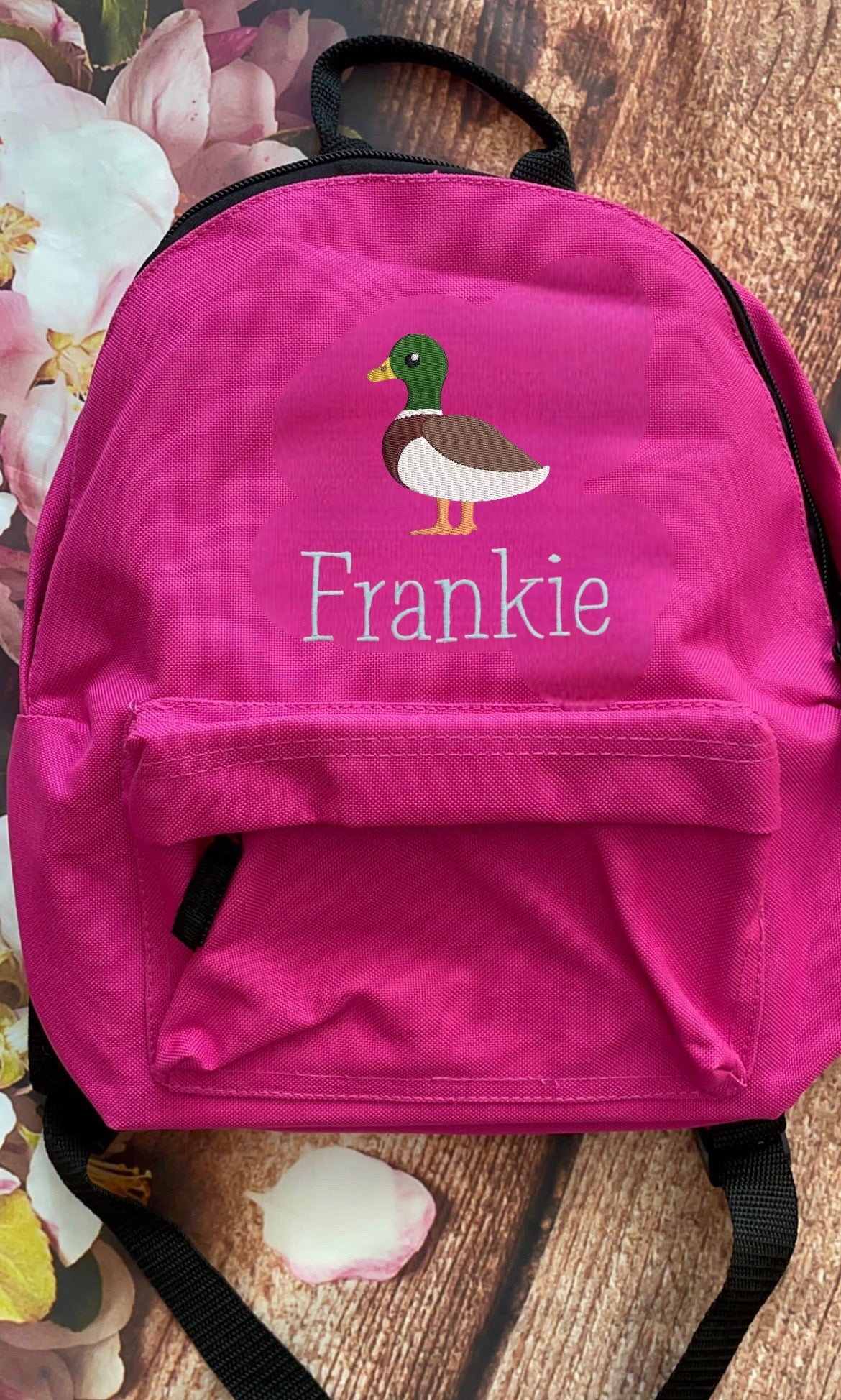 Personalised Nursery / Pre-School mini embroidered rucksack. Choice of colour bag. Childs small rucksack, Duck design.