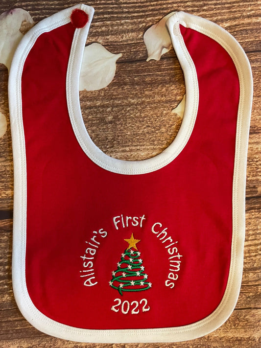 Personalised First Christmas Bib with any name.  Embroidered gift and keepsake