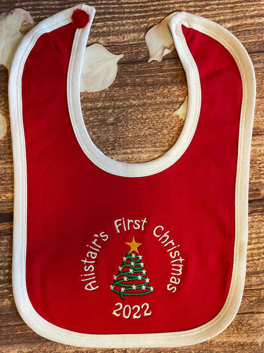 Personalised First Christmas Bib with any name.  Embroidered gift and keepsake