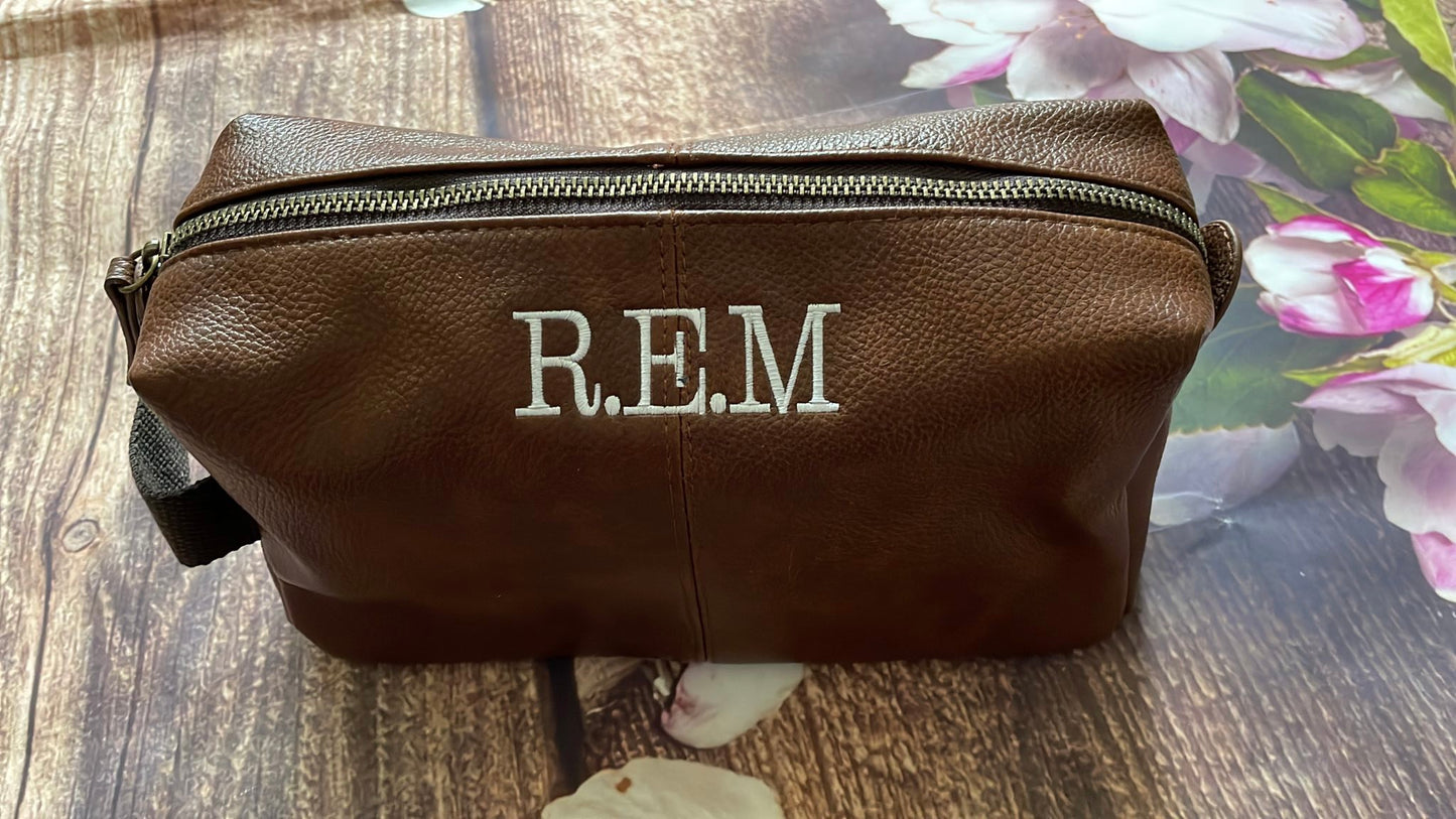 Personalised monogram embroidered wash bag. Leather look, high quality & choice of colours.