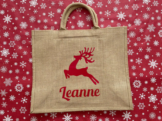 Large hessian / jute personalised Christmas tote bag. Gift or shopping bag, choice of designs.