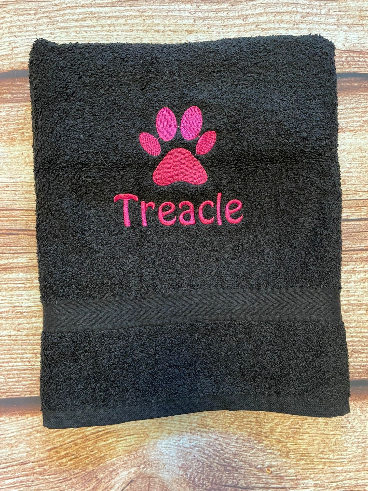 Dog towel, personalised with embroidered paw print and pet name. Ideal gift.