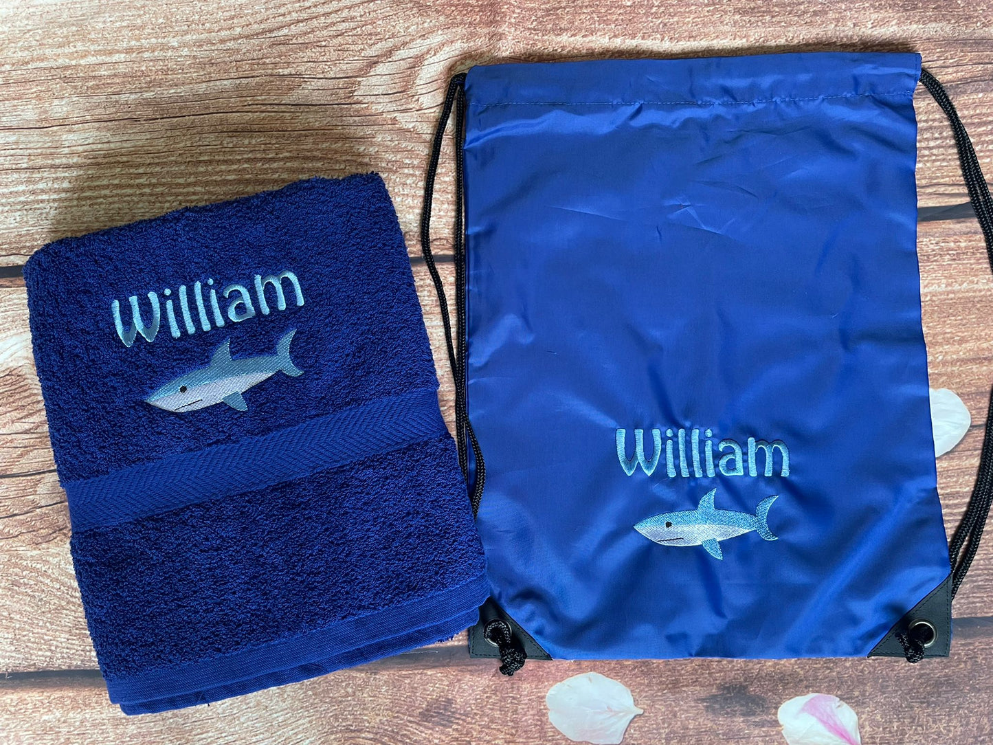 Embroidered swimming towel and bag set personalised shark design