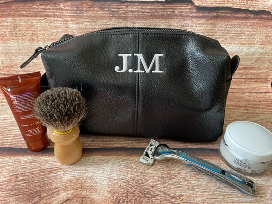 Personalised monogram embroidered wash bag. Leather look, high quality & choice of colours.