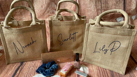 Hessian tote jute bag, personalised with name. Ideal gift