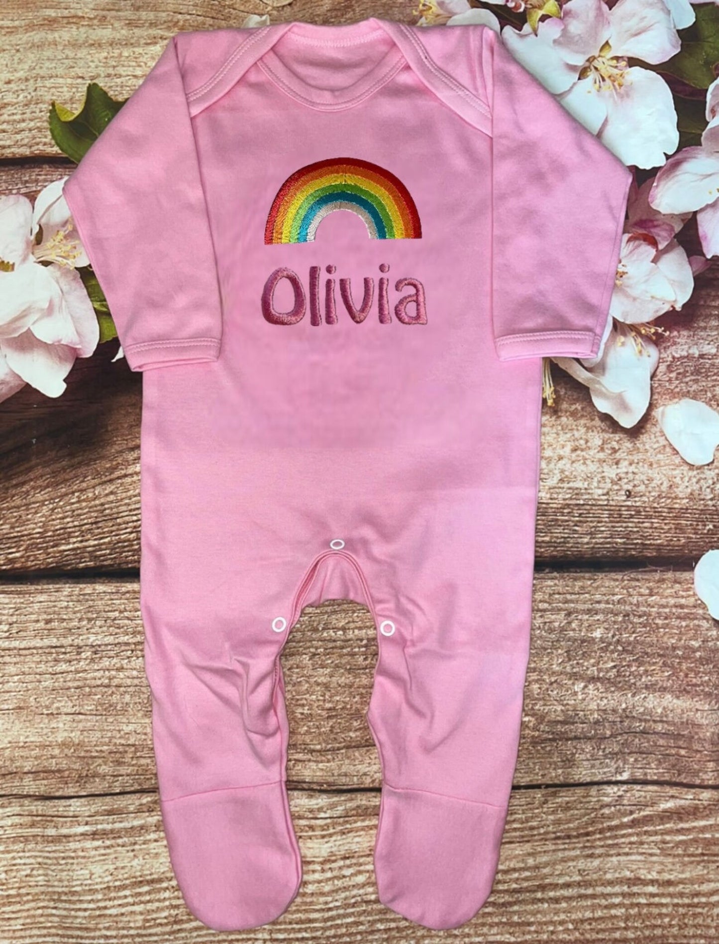 Rainbow baby onesie, embroidered & personalised with name. Choice of colours. Gift, keepsake