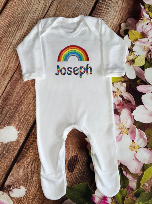 Rainbow baby onesie, embroidered & personalised with name. Choice of colours. Gift, keepsake