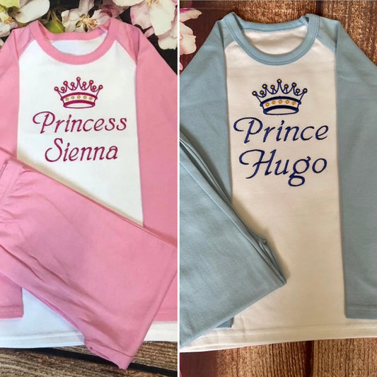 Personalised Embroidered 100% Cotton Prince Princess Pyjamas,  Christmas Present/Gift